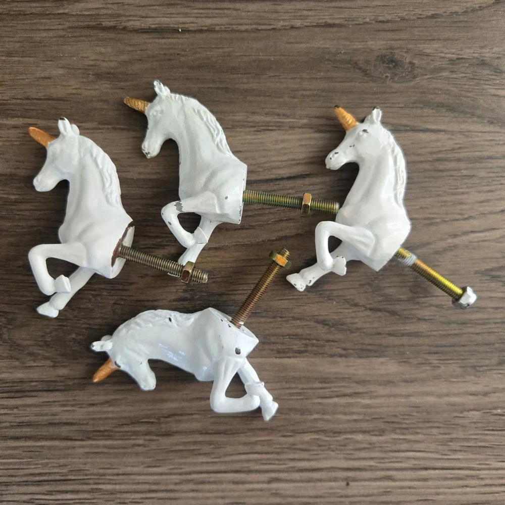 Unicorn and Rainbow Metal Drawer Pulls Knobs Set of 5 White Gold Nursery Decor - Picture 2 of 7
